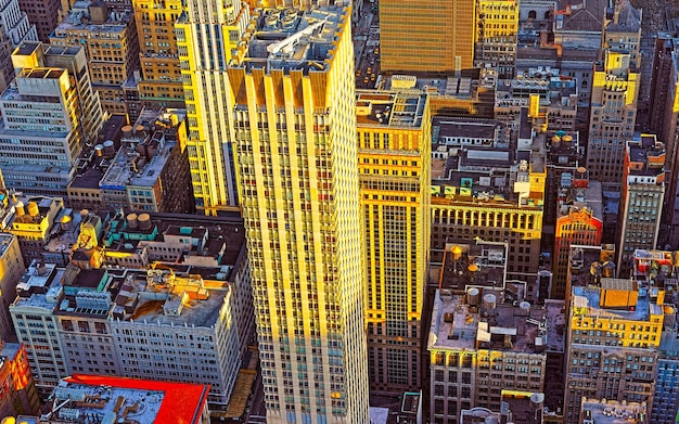 Aerial panoramic view on Lower Manhattan skyscrapers in New York, USA. Skyline. American architecture building exteriors. Panorama of Metropolis center NYC. Metropolitan cityscape.