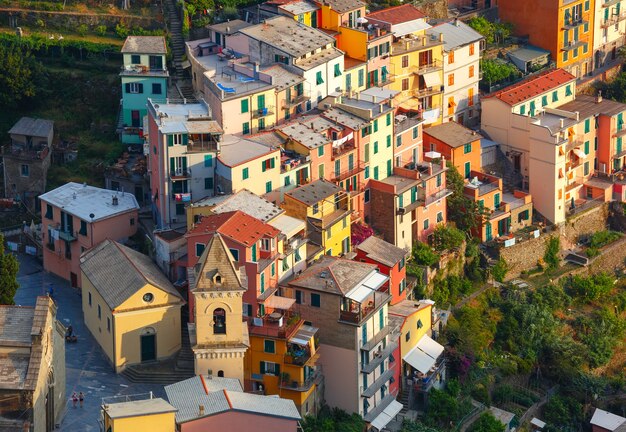 Aerial panoramic view of Manarola fishing village in Five lands, Cinque Terre National Park, Liguria, Italy.