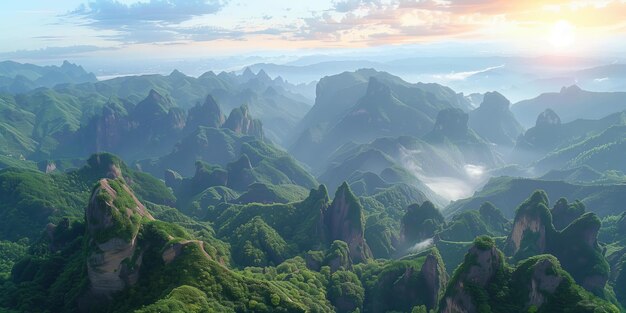 写真 岩石の山岳地帯と霧の海の空中パノラマ景色