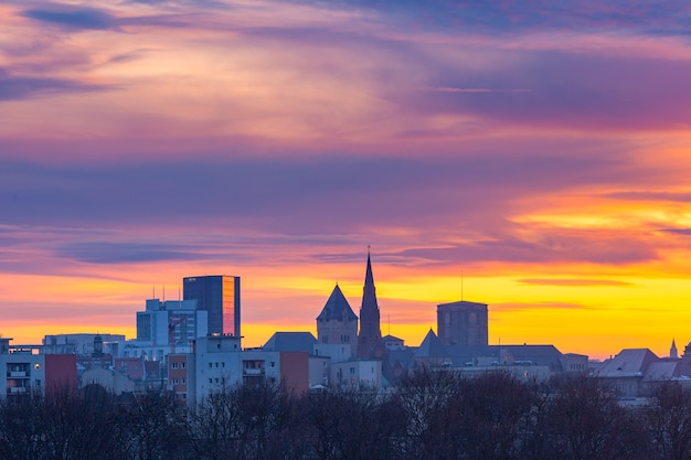 Aerial panoramic view of Poznan with the Imperial Castle at sunset