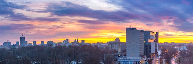 Aerial panoramic view of Poznan with Independence Avenue and The Imperial Castle at sunset