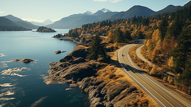 Aerial Panoramic View Of Sea To Sky Highway On Pacific Ocean West Coast Sunny Winter Day