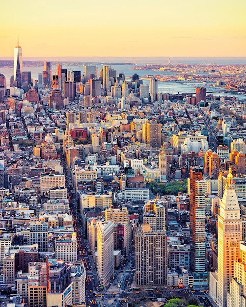 Aerial panoramic view on Skyline with Skyscrapers in Downtown and Lower Manhattan, New York City, America. USA. American architecture building. Panorama of Metropolis NYC. Cityscape. Mixed media.