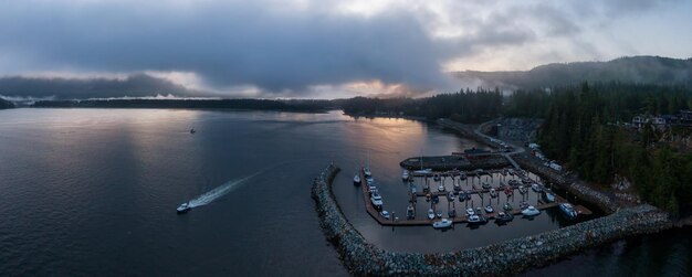 Aerial Panoramic View of a small secluded town on the Pacific Ocean