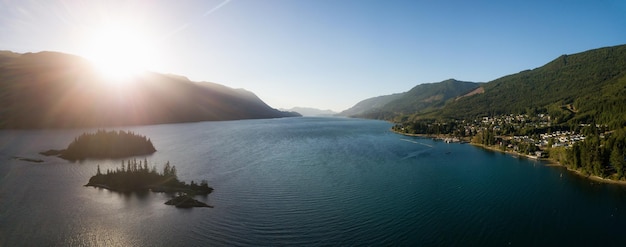 Aerial panoramic view of a small town Port Alice