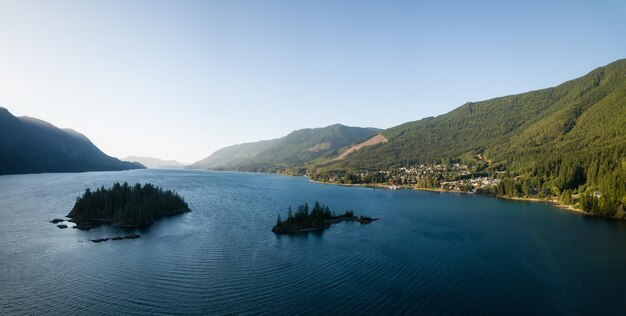 Aerial panoramic view of a small town Port Alice