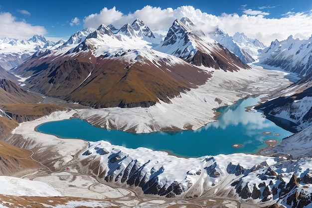 Aerial panoramic view of the snowing mountains surrounding laguna del inca in the chilean andes chile