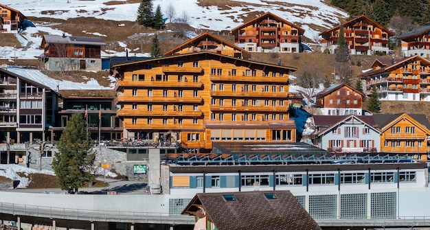 Aerial panoramic view of the verbier ski resort town in switzerland