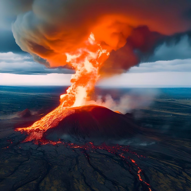 アイスランドのレイキャネス半島のリトリフルトゥル丘ファグラダルスフィヤル火山系の火山噴火の航空パノラマ ビュー