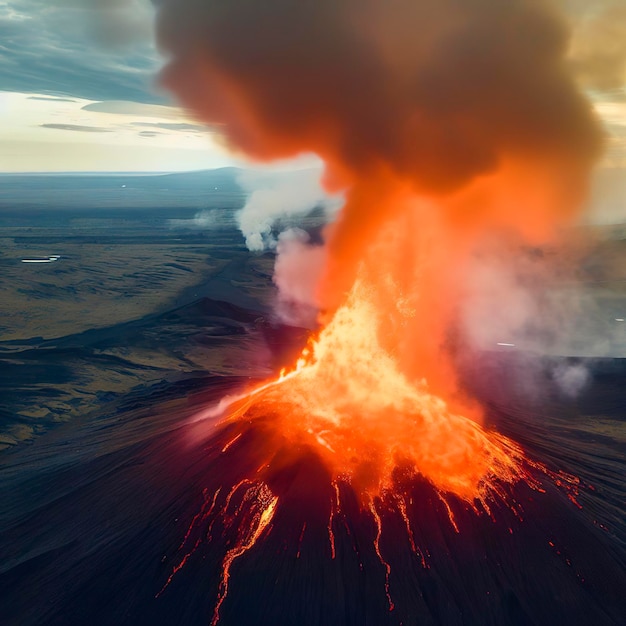 Aerial Panoramic view of Volcano Eruption LitliHrutur Hill Fagradalsfjall Volcano System in Iceland Reykjanes Peninsula