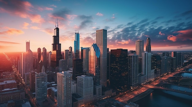 Photo aerial perspective chicago skyline