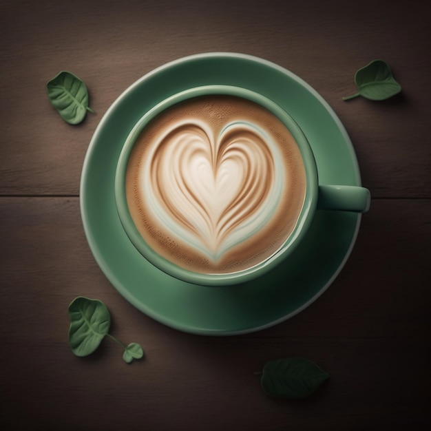 Aerial perspective of a heartshaped latte art in a lovely shade of sage Generative AI