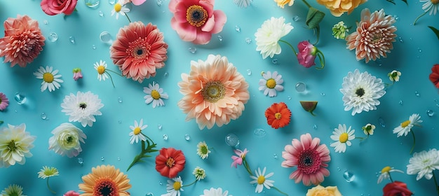 사진 텍스트 입 사이트를 특징으로하는 라벤더 배경에 다양한 꽃의 공중 전망