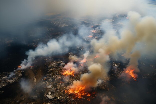 Foto la prospettiva aerea rivela una discarica di rifiuti fiammeggianti un problema ambientale