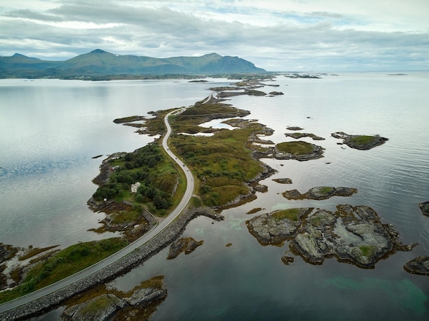 Aerial photo of the famous Norwegian tourist attraction, The Atlantic Ocean Road