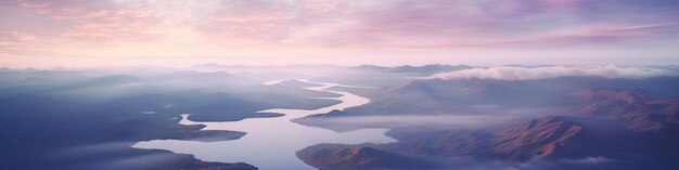 An aerial photo from an airplane of a lake mountains