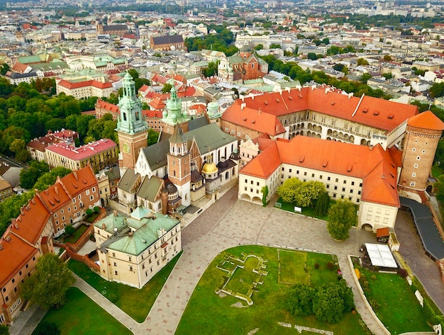 Aerial photo from the heights of Wawel Castle in the historic center of Krakow