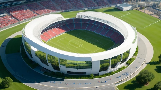 An Aerial photo of a modern and realistic soccer stadium with state of the art technology