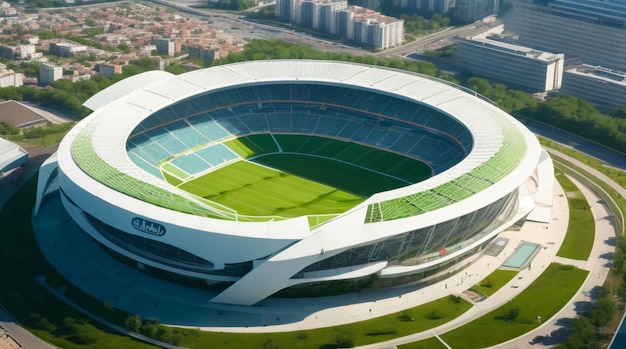 An Aerial photo of a modern and realistic soccer stadium with state of the art technology