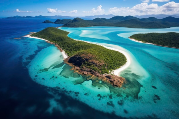 Aerial photo of paradise view of ocean and coast with clear blue transparent water and soft sand