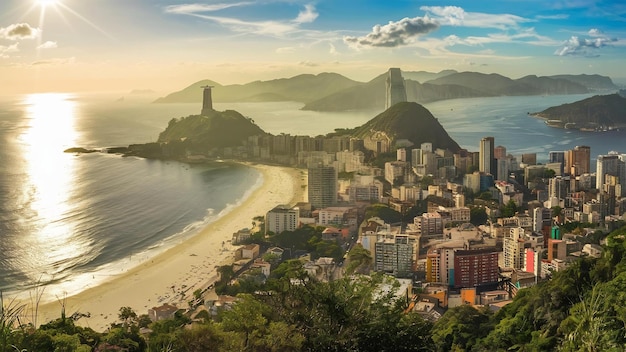 ブラジルのリオ・デ・ジャネイロ (Rio de Janeiro) は海と丘に囲まれて太陽の光の下にある空中写真です