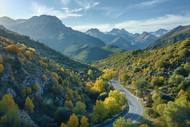 Aerial photo of serpentine country road in Pyrenees