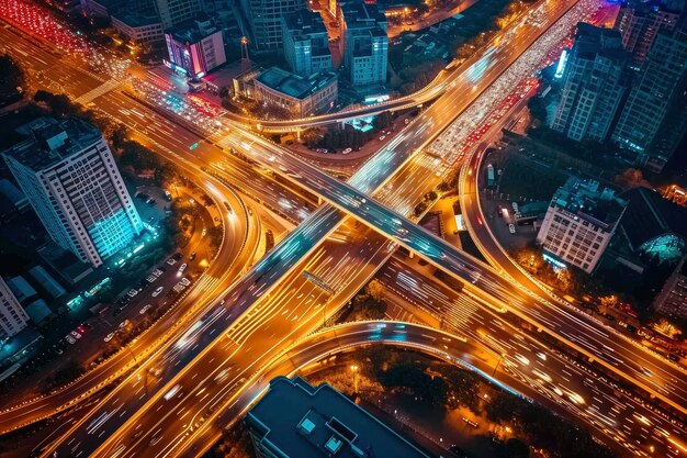 aerial photo of traffic in an intersection at night