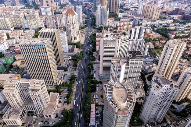 Aerial photo of urban landscape in Qingdao coastal bay area