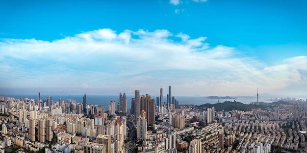 Aerial photo of urban landscape in Qingdao coastal bay area