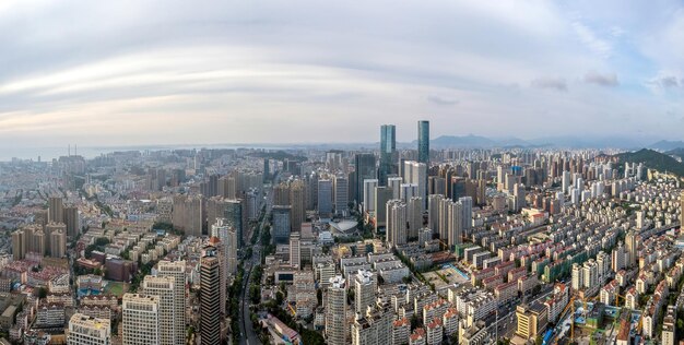 Aerial photo of urban landscape in Qingdao coastal bay area