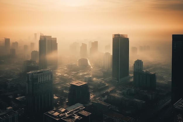 Photo aerial photograph of city buildings at sunset