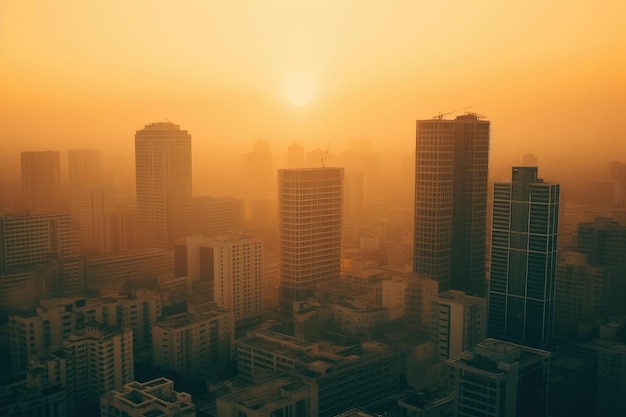 Aerial photograph of city buildings at sunset