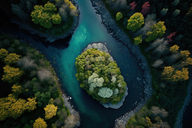 Aerial photograph of a rivertop scene over a forest