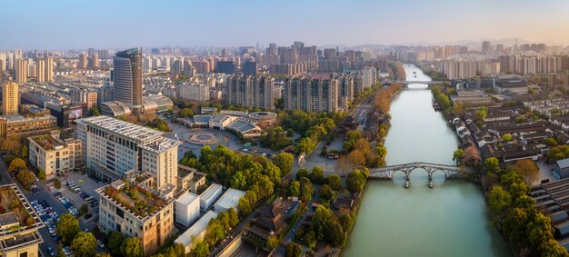 Aerial photography of the ancient buildings of the Gongchen Bridge in Hangzhou