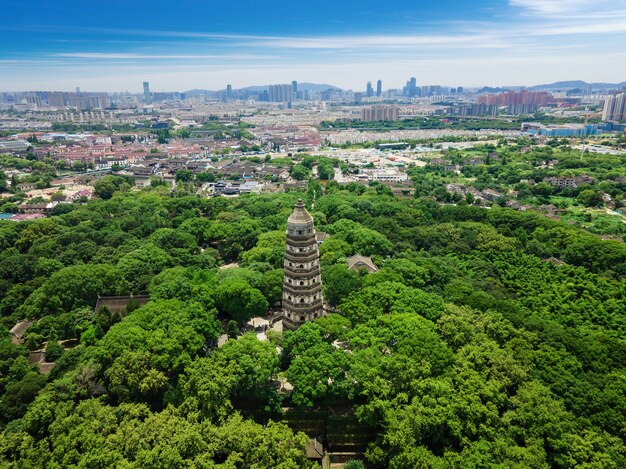 Aerial photography of ancient buildings at Tiger Hill Tower a famous scenic spot in Suzhou