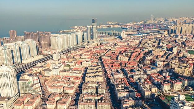 Aerial photography of architectural landscape skyline in Qingdao Bay