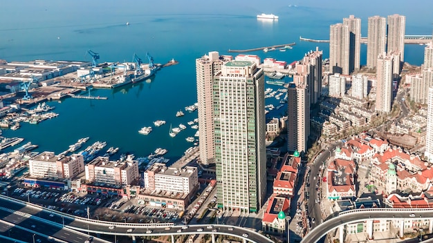 Aerial photography of architectural landscape skyline in Qingdao Bay