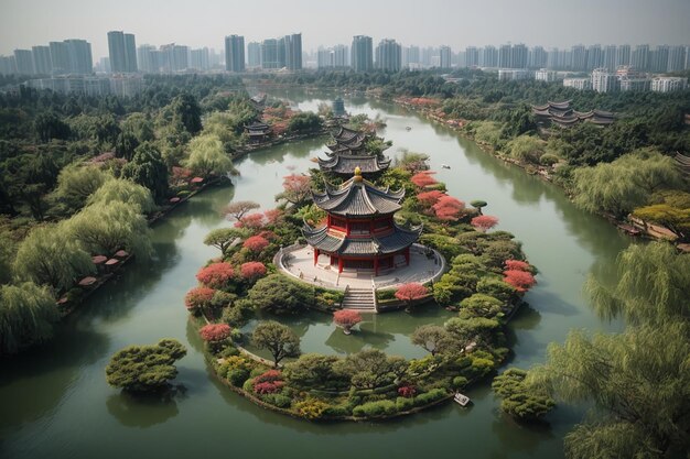 Aerial photography of chinese garden landscape of slender west lake in yangzhou