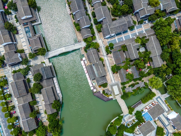 Aerial photography of Chinese garden landscape in Xietang Old Street of Suzhou Canal