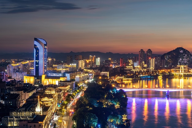 Aerial photography of city night view of Liuzhou China