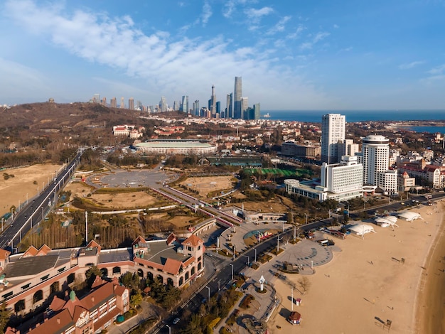 Aerial photography of the coastline scenery of the old city of Qingdao China