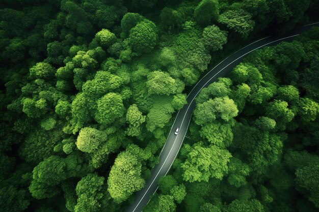 森林樹木や路面の空撮