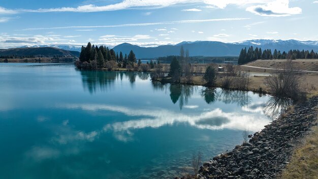 Aerial photography from a drone of Lake Ruataniwha at Twizel in the McKenzie country