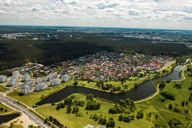 Aerial photography from above of a large number of houses in the Eastern district of Minsk.The district of the city of Minsk the river Svisloch.Belarus