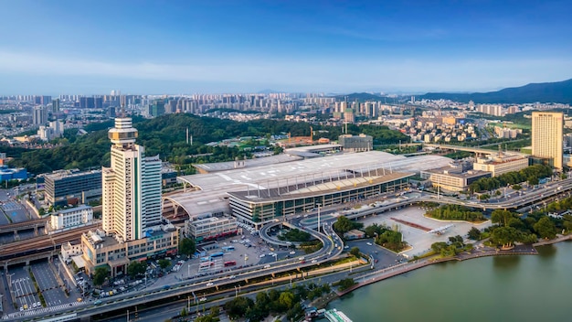 Aerial photography of lakes and city buildings in Nanjing China