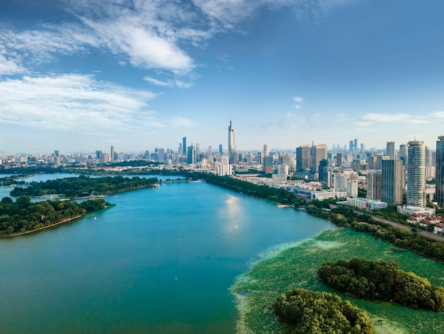 Aerial photography of lakes and city buildings in Nanjing China