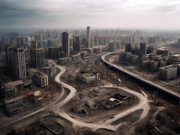 Photo aerial photography of a modern city after the apocalypse