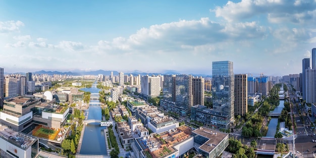 Foto fotografia aerea dello skyline del paesaggio dell'architettura moderna della città di ningbo in cina
