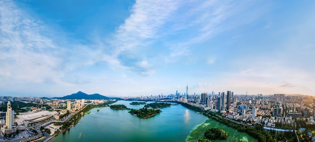 Aerial photography of Nanjing Xuanwu Lake urban architecture skyline