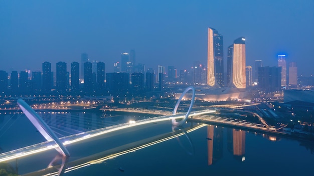 Aerial photography of the night view of modern architectural landscape in Nanjing China